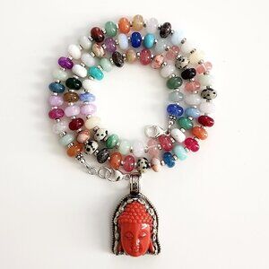 MIXED GEMSTONES & BUDDHA PENDANAT NECKLACE--22"